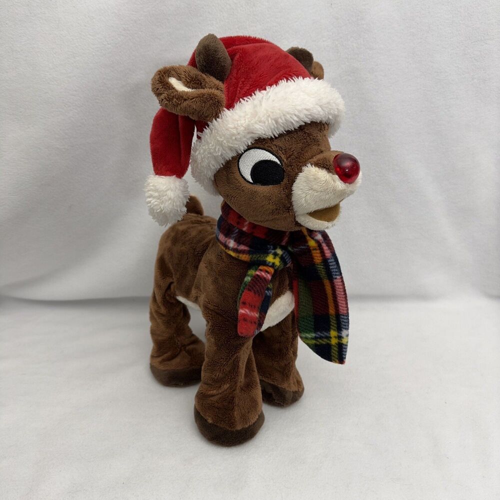 DanDee Rudolph Red Nosed Reindeer Plush 15” Santa Hat Plaid Scarf